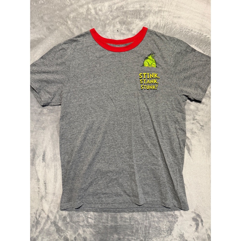Dr Seuss The Grinch T-Shirt Mens Medium Gray Red Stink Stank Stunk Pocket Tee